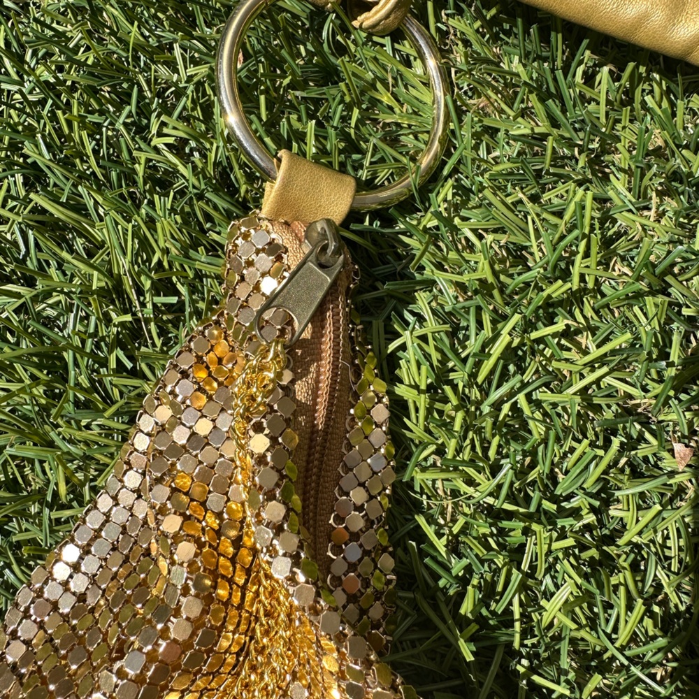 Y2K Shiny Gold O-Ring Slouchy Chainmail Zipper Pull Handbag Shoulder Purse - Picture 5 of 9